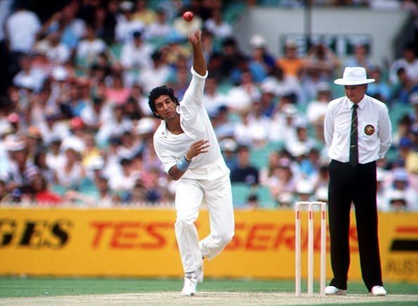 Sport. Cricket. First Test Match. Melbourne. 12th-16th January 1990. Australia beat Pakistan by 92 runs. Pakistan's Wasim Akram.